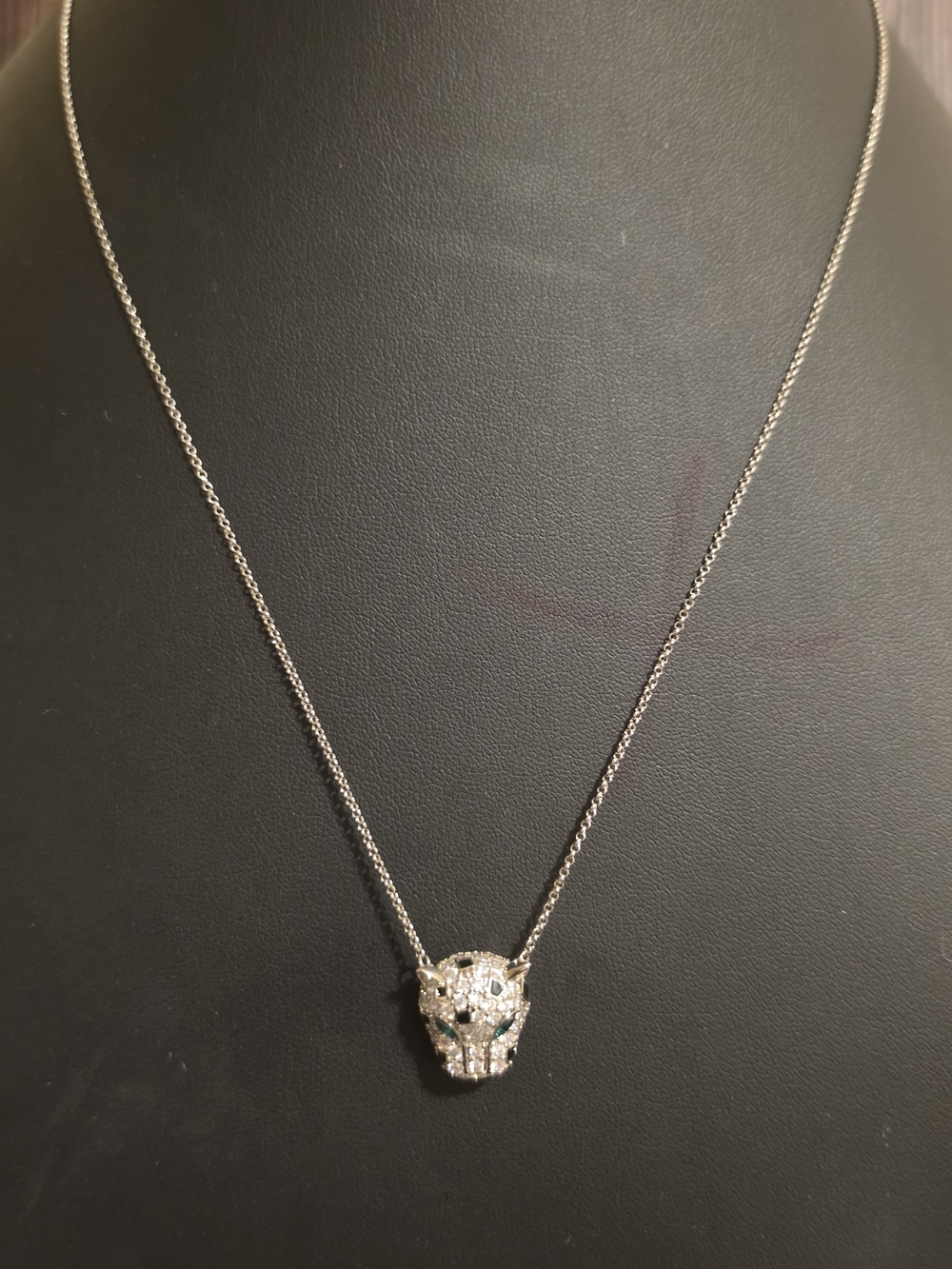 Silver Plated Animal Head Pendant Necklace with Clear and Green Stones